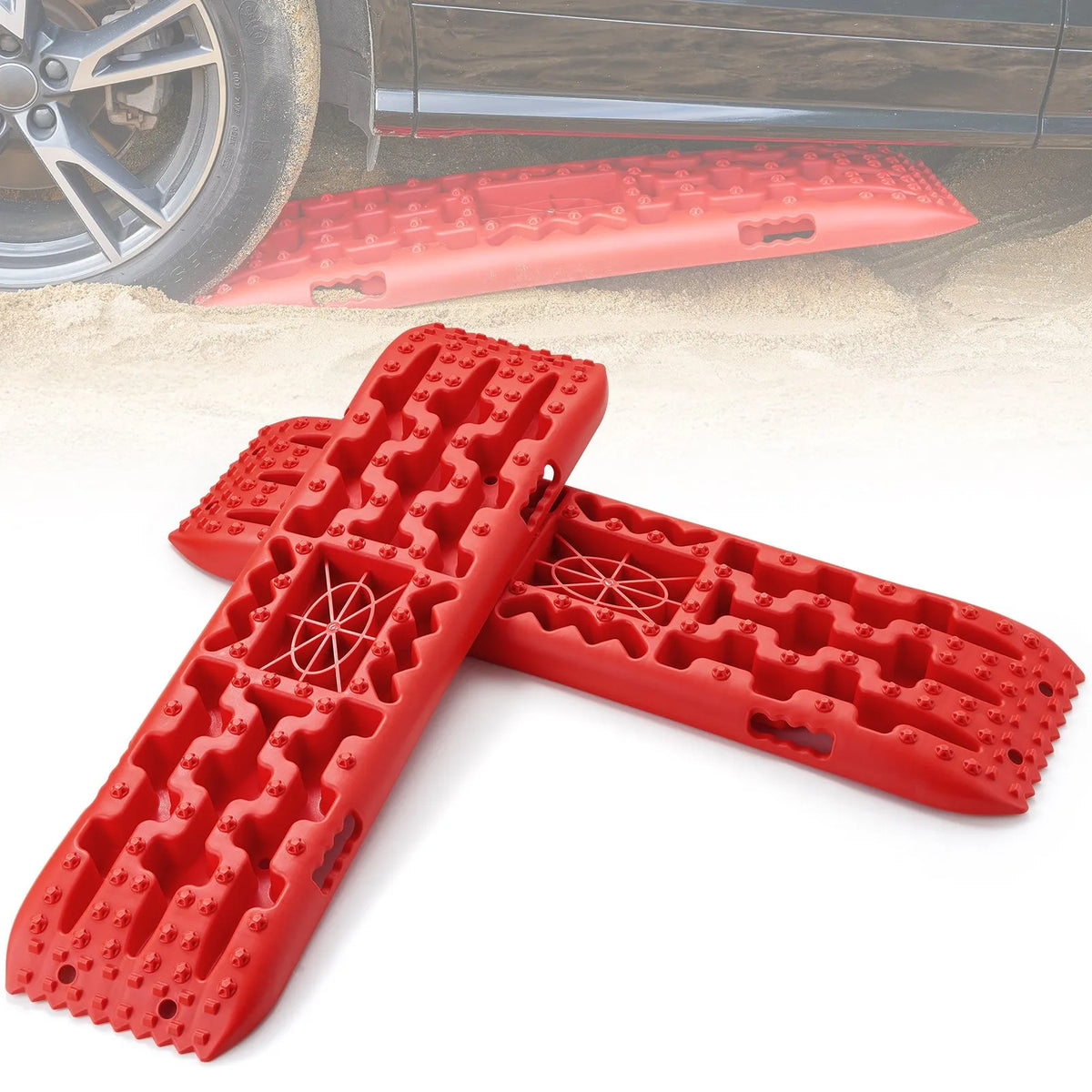 VEVOR 10 t PP Recovery Boards, Traction Boards for Off-Road Vehicles, Cars, Pickups, SUVs and Campers, Pair of Tyre Grip Mats for Snow, Sand, Mud and Loose Terrain, with Storage Bag, Long, Red