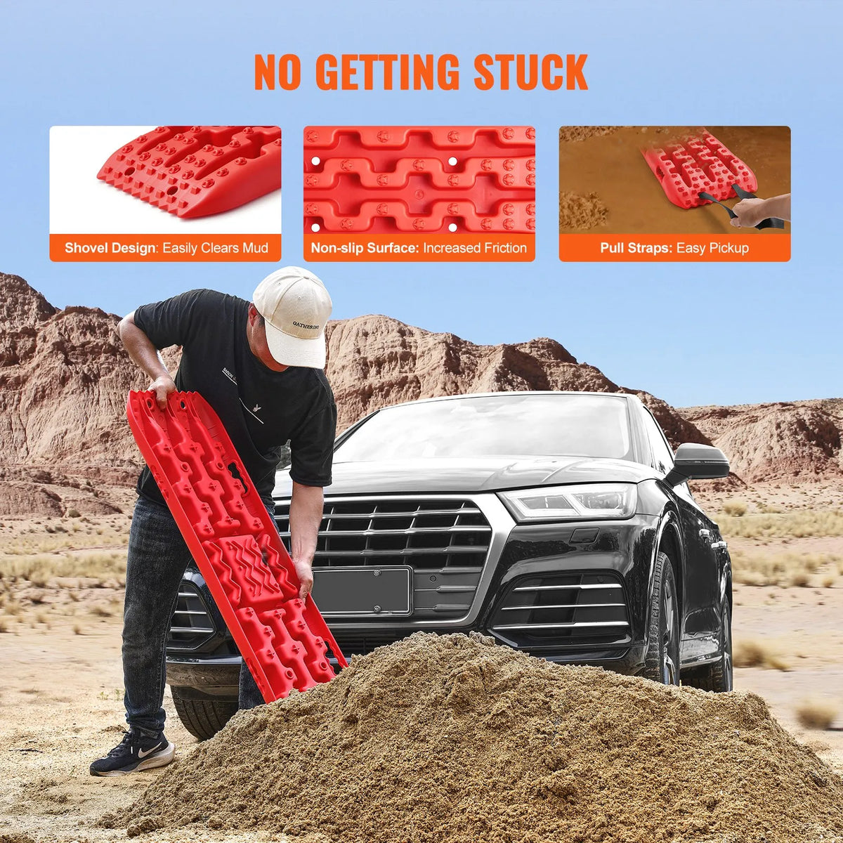 VEVOR 10 t PP Recovery Boards, Traction Boards for Off-Road Vehicles, Cars, Pickups, SUVs and Campers, Pair of Tyre Grip Mats for Snow, Sand, Mud and Loose Terrain, with Storage Bag, Long, Red
