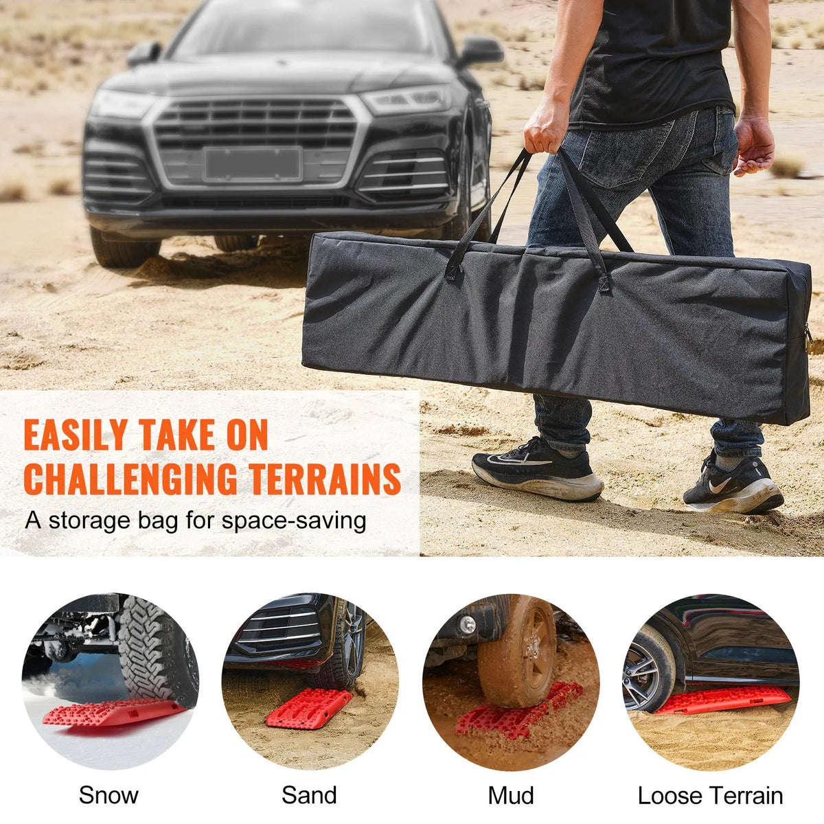 VEVOR 10 t PP Recovery Boards, Traction Boards for Off-Road Vehicles, Cars, Pickups, SUVs and Campers, Pair of Tyre Grip Mats for Snow, Sand, Mud and Loose Terrain, with Storage Bag, Long, Red