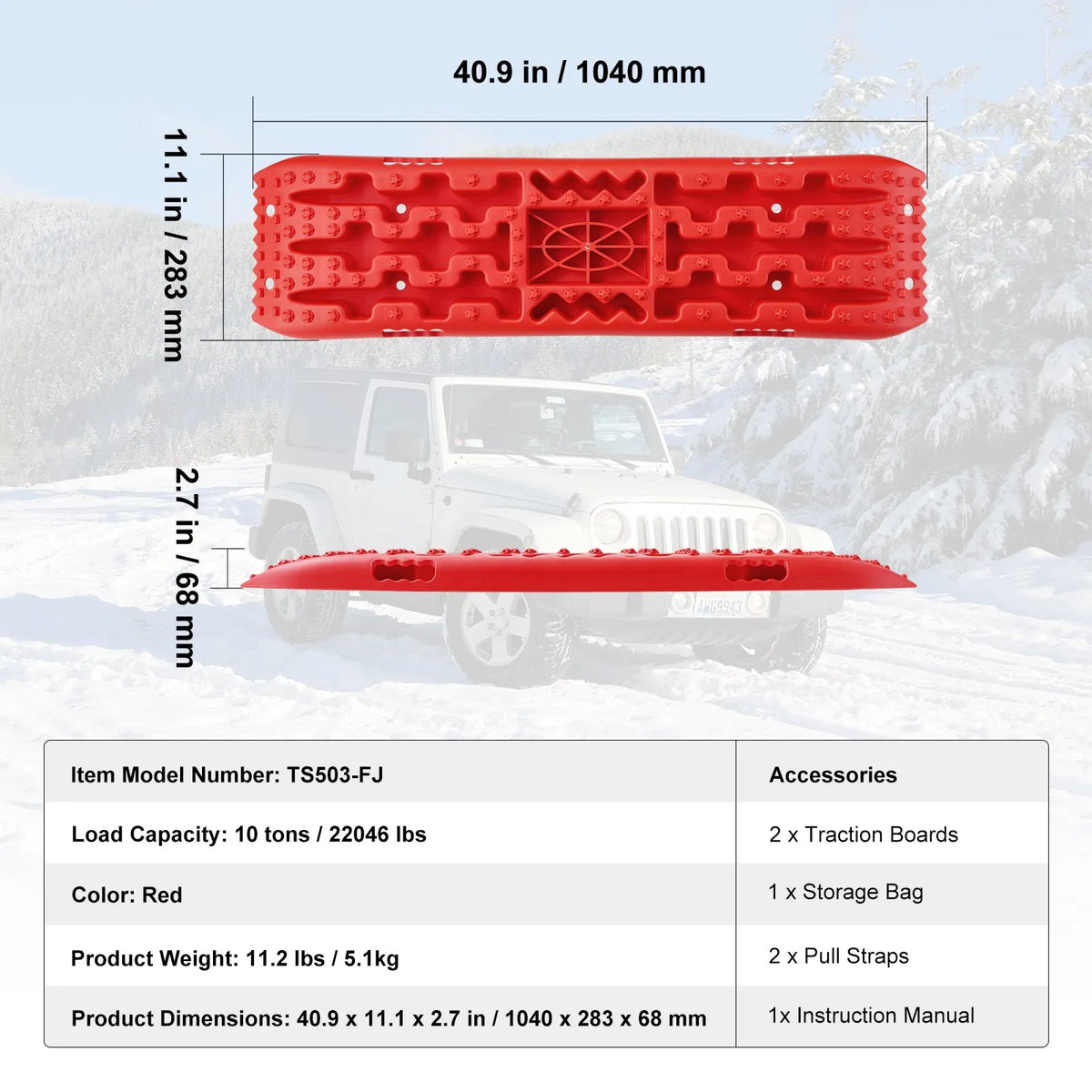 VEVOR 10 t PP Recovery Boards, Traction Boards for Off-Road Vehicles, Cars, Pickups, SUVs and Campers, Pair of Tyre Grip Mats for Snow, Sand, Mud and Loose Terrain, with Storage Bag, Long, Red