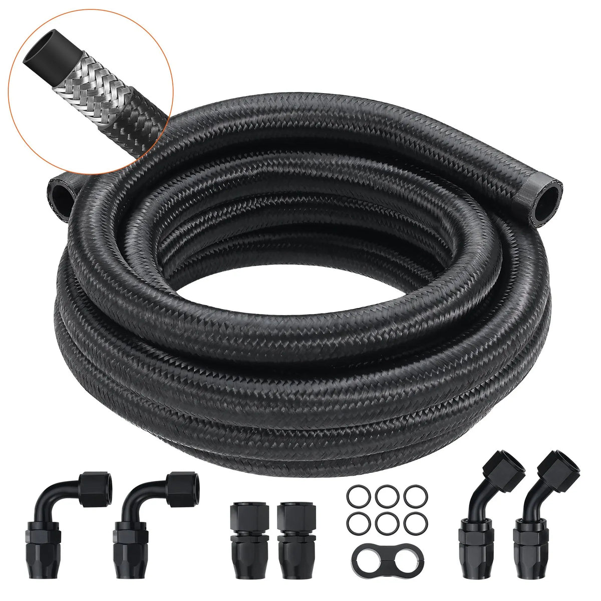 VEVOR 10AN Fuel Line Kit, 3 m Fuel Hose with 14 mm Outer Diameter, Nylon and Stainless Steel Braided Fuel Line for Oil, Petrol and Diesel, with 7 Swivel Connector Adapters, Black