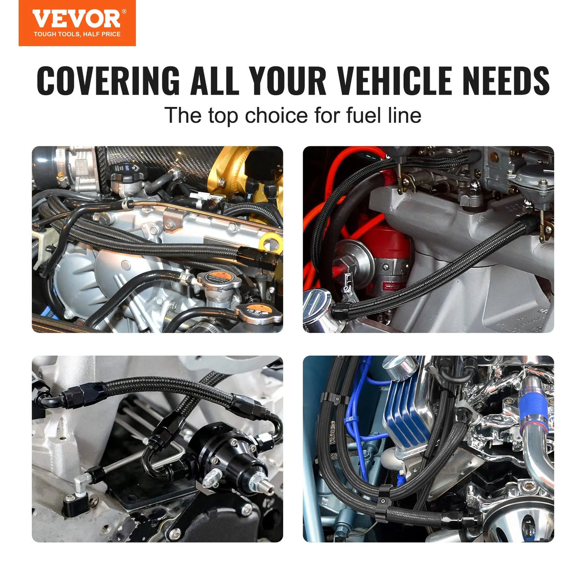 VEVOR 10AN Fuel Line Kit, 3 m Fuel Hose with 14 mm Outer Diameter, Nylon and Stainless Steel Braided Fuel Line for Oil, Petrol and Diesel, with 7 Swivel Connector Adapters, Black