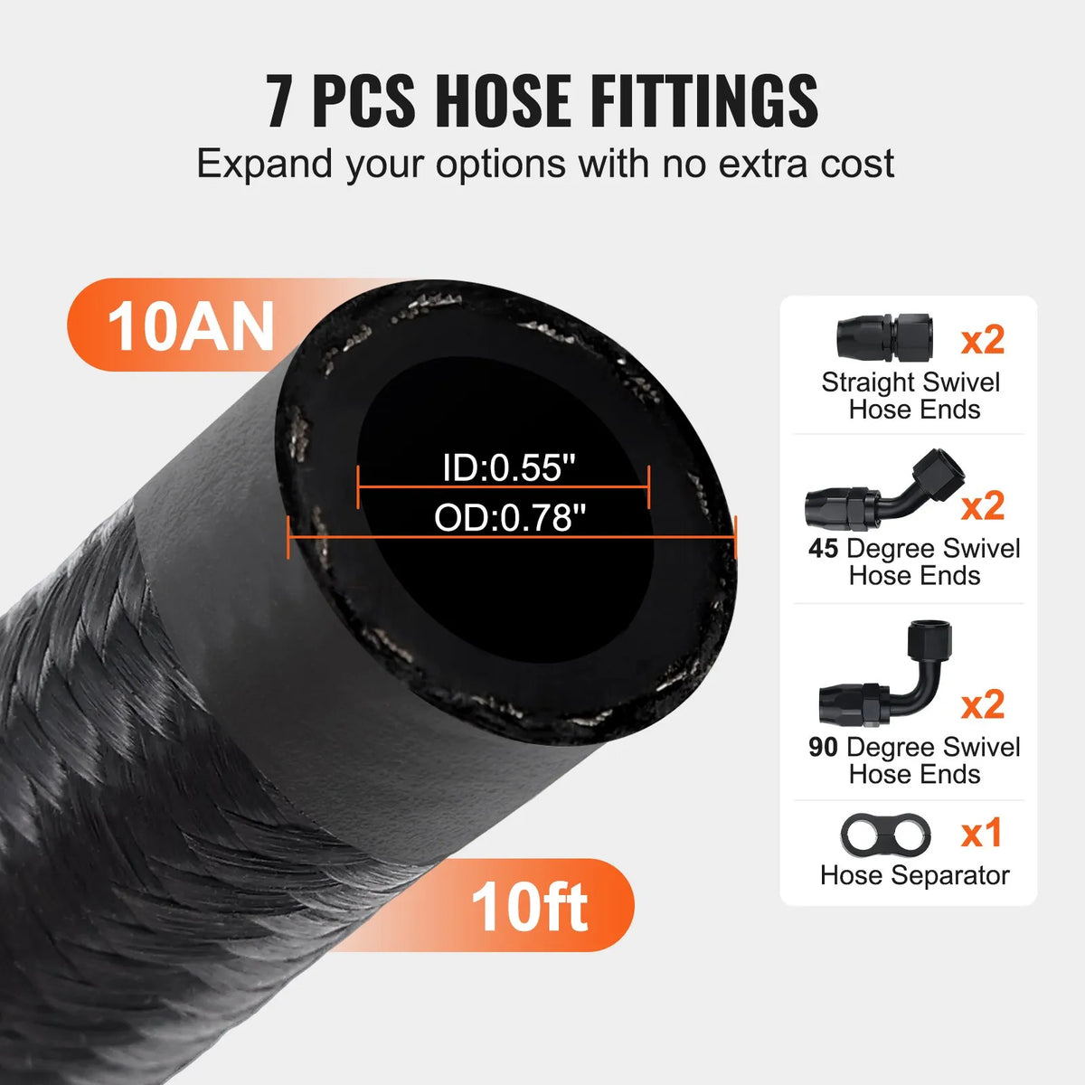 VEVOR 10AN Fuel Line Kit, 3 m Fuel Hose with 14 mm Outer Diameter, Nylon and Stainless Steel Braided Fuel Line for Oil, Petrol and Diesel, with 7 Swivel Connector Adapters, Black