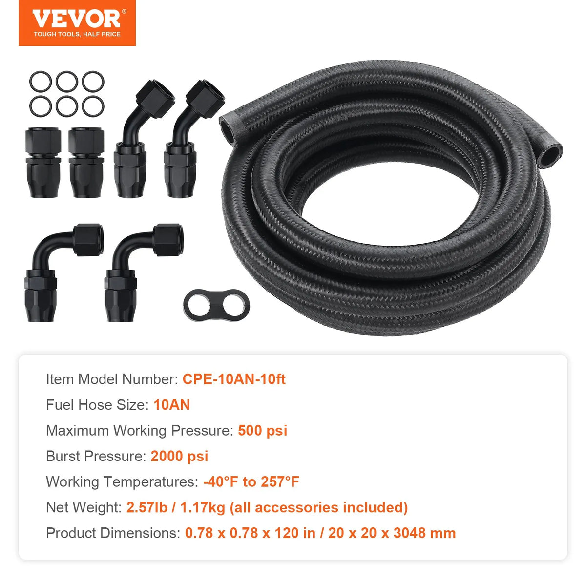 VEVOR 10AN Fuel Line Kit, 3 m Fuel Hose with 14 mm Outer Diameter, Nylon and Stainless Steel Braided Fuel Line for Oil, Petrol and Diesel, with 7 Swivel Connector Adapters, Black