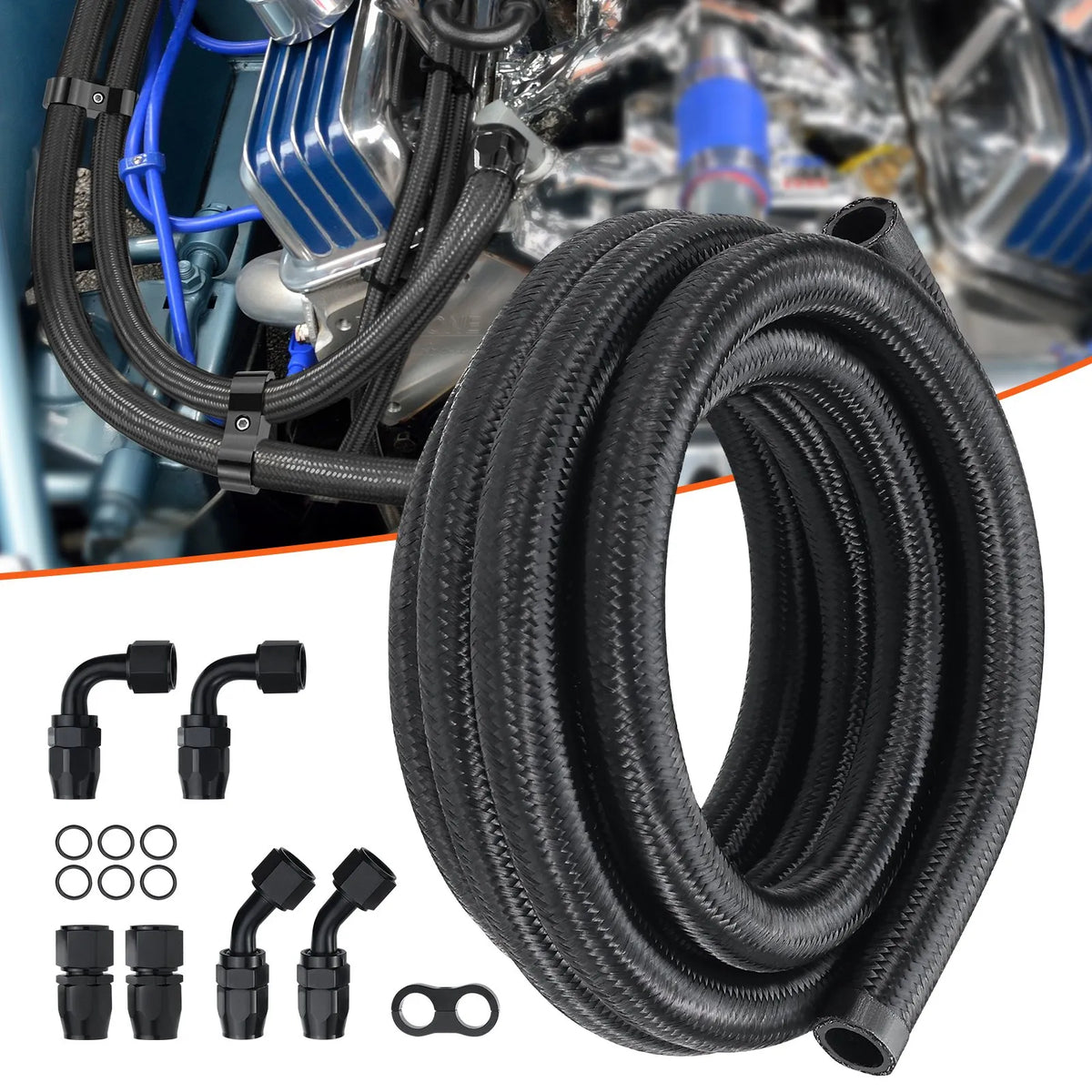 VEVOR 10AN Fuel Line Kit, 3 m Fuel Hose with 14 mm Outer Diameter, Nylon and Stainless Steel Braided Fuel Line for Oil, Petrol and Diesel, with 7 Swivel Connector Adapters, Black