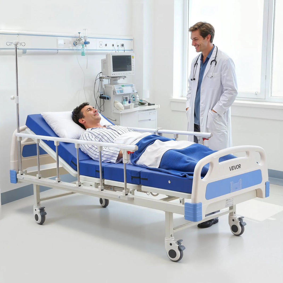 VEVOR pilnībā elektriska slimnīcas gulta ar 2 funkcijām, muguras un kāju regulēšanu, medicīniskā gulta ar 127 mm bloķējamiem riteņiem un augsta blīvuma matraci mājas un slimnīcas lietošanai, slodze līdz 250 kg - ZEMLETES.LV