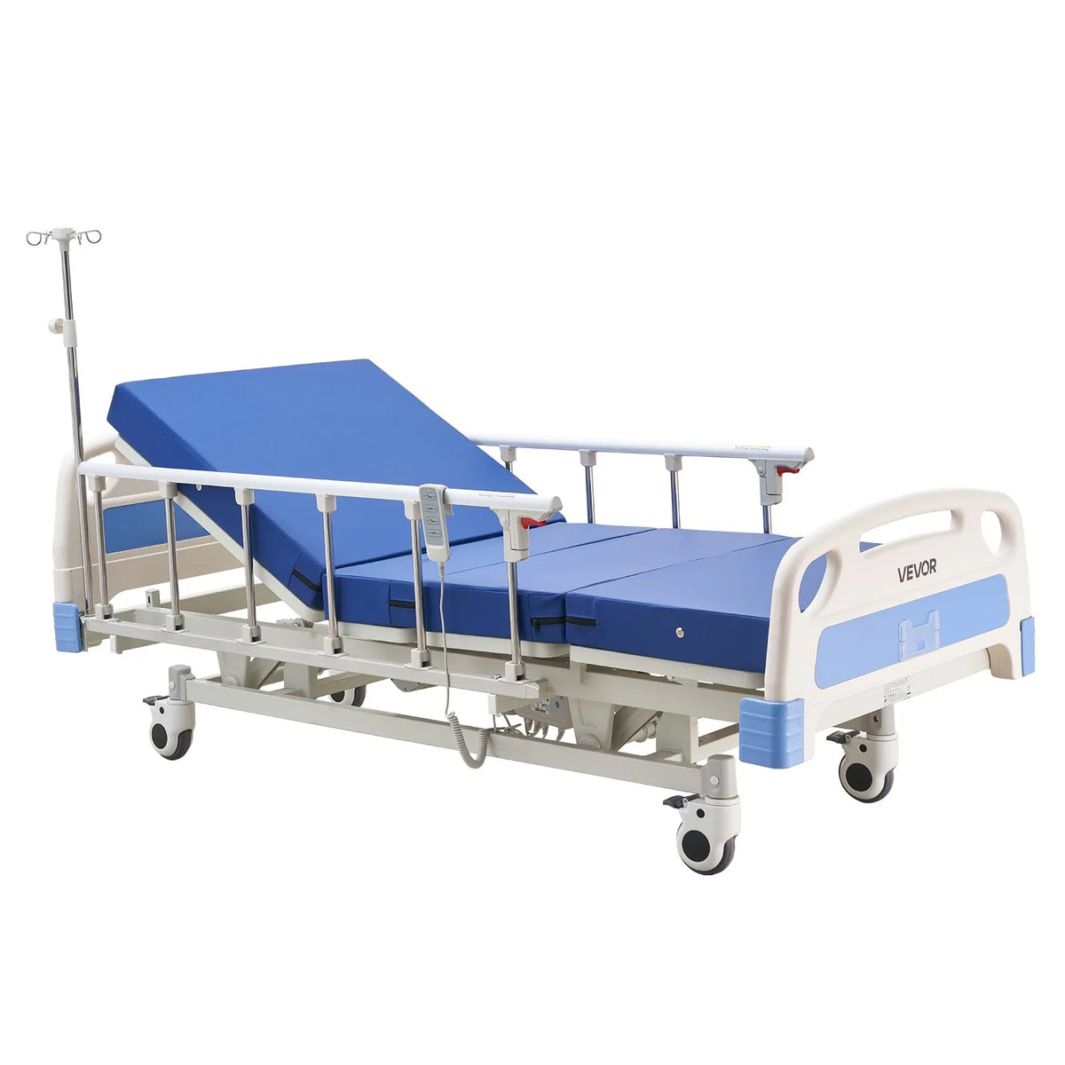 VEVOR premium pilnībā elektriska slimnīcas gulta ar 3 funkcijām, muguras, kāju un augstuma regulēšana, 127 mm bloķējami riteņi, augsta blīvuma matracis mājas aprūpei, slodze līdz 250 kg - ZEMLETES.LV