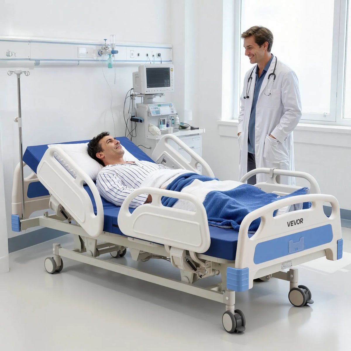 VEVOR pilnībā elektriska slimnīcas gulta ar 5 funkcijām un Trendelenburga un reversā Trendelenburga režīmu, medicīniskā gulta ar 127 mm bloķējamiem riteņiem un augsta blīvuma matraci mājas un slimnīcas lietošanai, slodze līdz 250 kg - ZEMLETES.LV