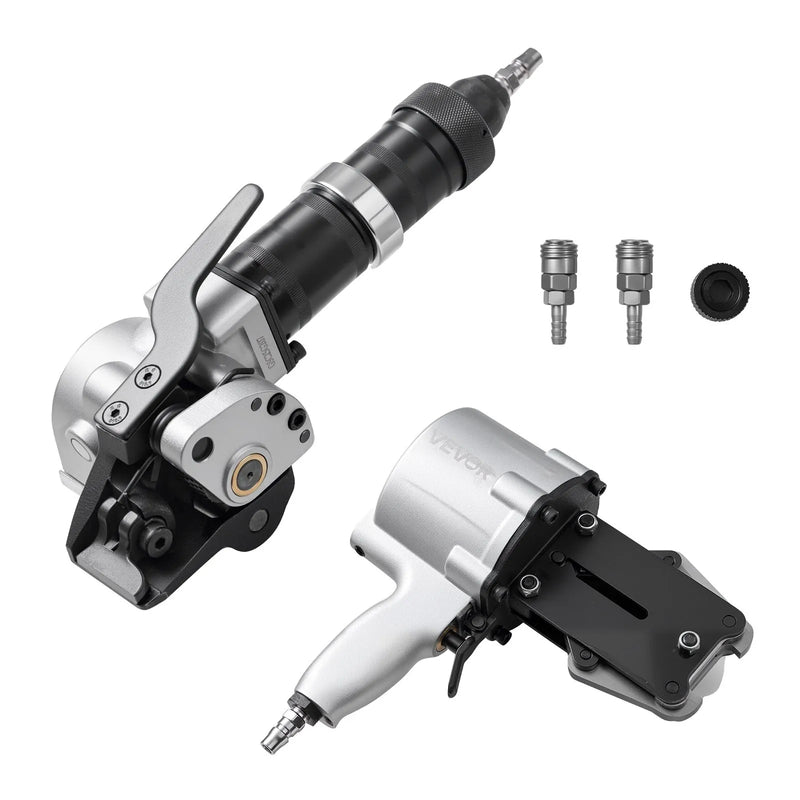 Pneimatiskais tērauda lentu sastiprināšanas aparāts ar 8500 N vilces spēku, metāla lentu savilcējs un griezējs 19 mm platām lentēm, smagsvara dalītā tipa presēšanas ierīce augstas izturības iepakošanai