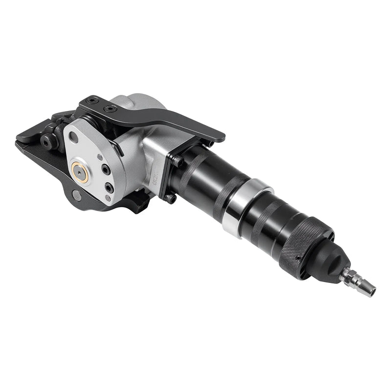 Pneimatiskais tērauda lentu sastiprināšanas aparāts ar 8500 N vilces spēku, metāla lentu savilcējs un griezējs 19 mm platām lentēm, smagsvara dalītā tipa presēšanas ierīce augstas izturības iepakošanai