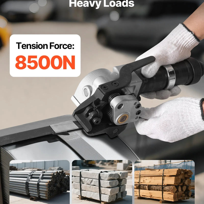 Pneimatiskais tērauda lentu sastiprināšanas aparāts ar 8500 N vilces spēku, metāla lentu savilcējs un griezējs 19 mm platām lentēm, smagsvara dalītā tipa presēšanas ierīce augstas izturības iepakošanai