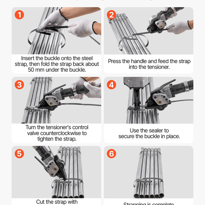 Pneimatiskais tērauda lentu sastiprināšanas aparāts ar 8500 N vilces spēku, metāla lentu savilcējs un griezējs 19 mm platām lentēm, smagsvara dalītā tipa presēšanas ierīce augstas izturības iepakošanai