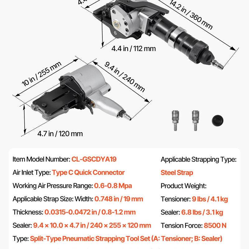 Pneimatiskais tērauda lentu sastiprināšanas aparāts ar 8500 N vilces spēku, metāla lentu savilcējs un griezējs 19 mm platām lentēm, smagsvara dalītā tipa presēšanas ierīce augstas izturības iepakošanai
