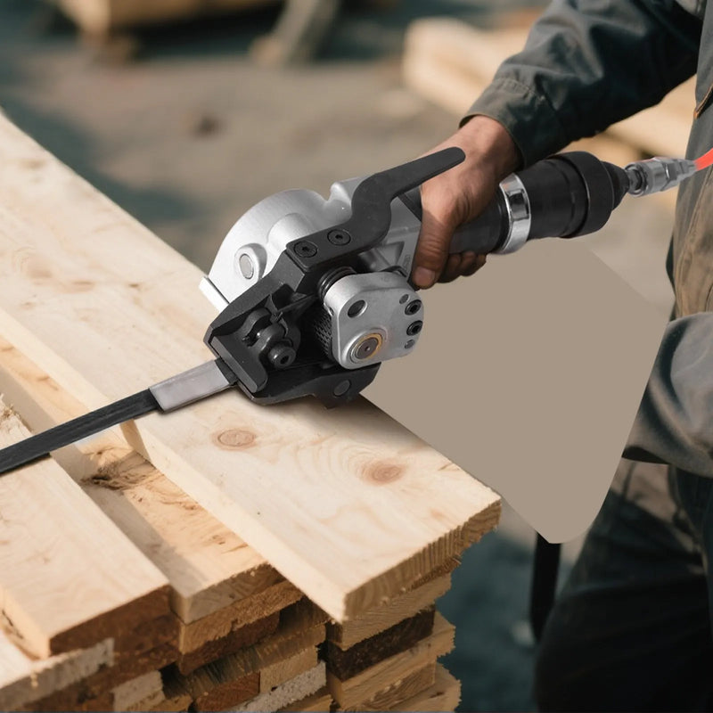 Pneimatiskais tērauda lentu sastiprināšanas aparāts ar 8500 N vilces spēku, metāla lentu savilcējs un griezējs 19 mm platām lentēm, smagsvara dalītā tipa presēšanas ierīce augstas izturības iepakošanai