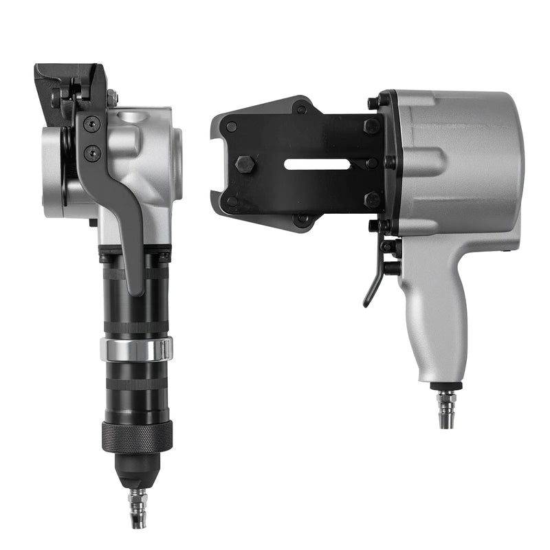 Pneimatiskais tērauda lentu sastiprināšanas aparāts ar 8500 N vilces spēku, metāla lentu savilcējs un griezējs 19 mm platām lentēm, smagsvara dalītā tipa presēšanas ierīce augstas izturības iepakošanai