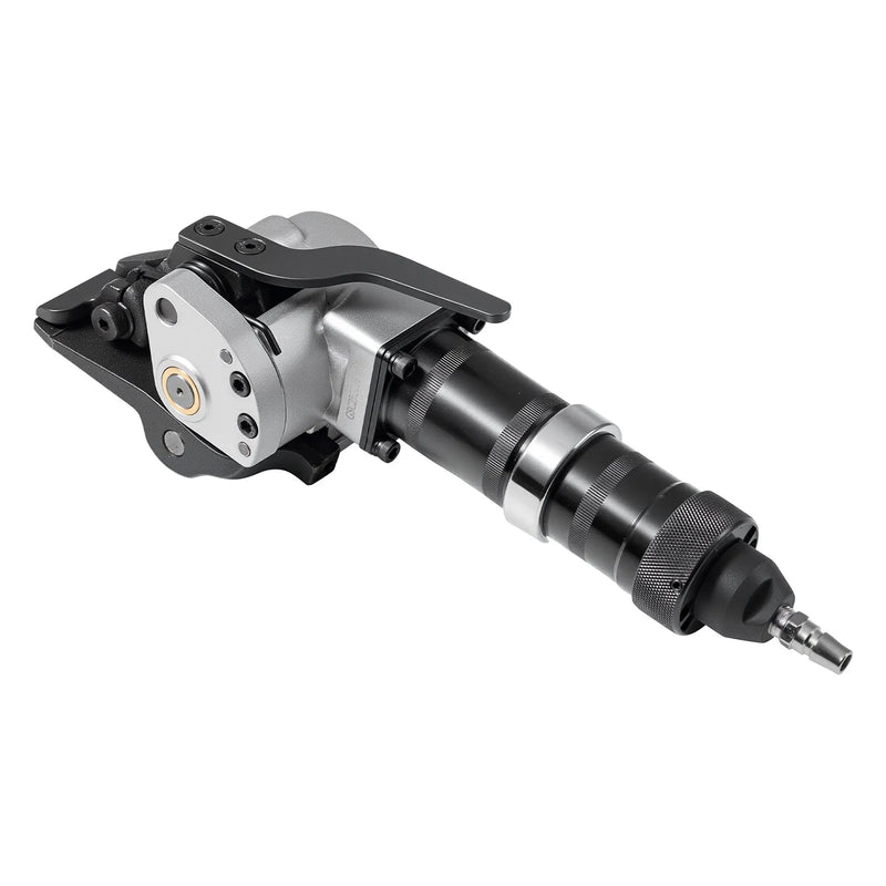 Pneimatiskais tērauda lentu sastiprināšanas aparāts ar 8500 N vilces spēku, metāla lentu savilcējs un griezējs 32 mm platām lentēm, smagsvara dalītā tipa presēšanas ierīce augstas izturības iepakošanai