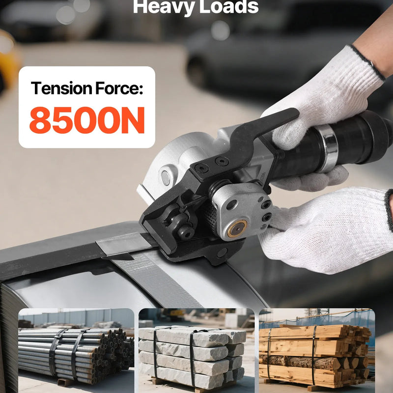 Pneimatiskais tērauda lentu sastiprināšanas aparāts ar 8500 N vilces spēku, metāla lentu savilcējs un griezējs 32 mm platām lentēm, smagsvara dalītā tipa presēšanas ierīce augstas izturības iepakošanai