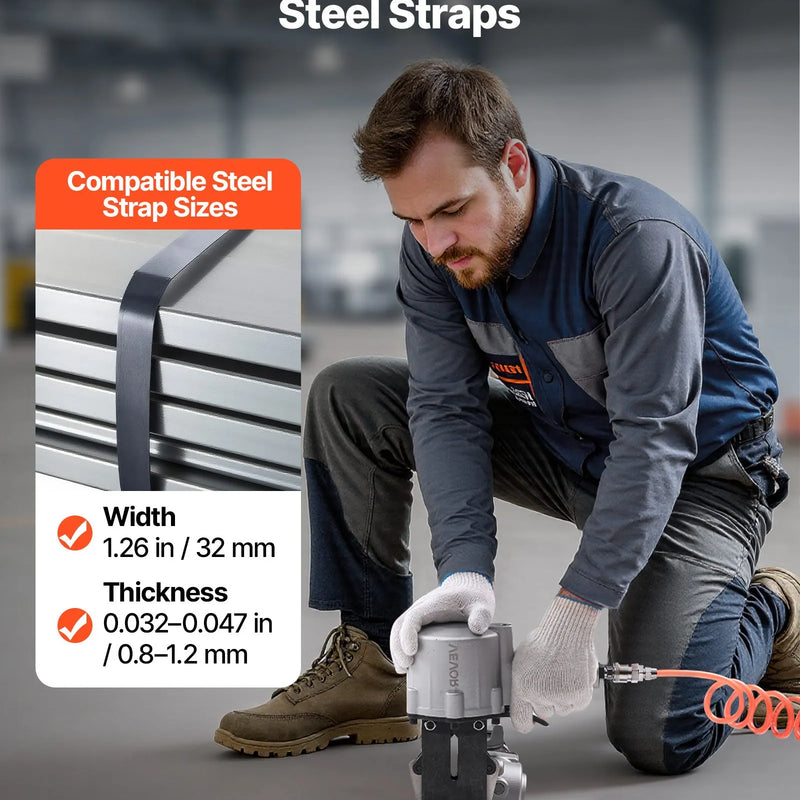 Pneimatiskais tērauda lentu sastiprināšanas aparāts ar 8500 N vilces spēku, metāla lentu savilcējs un griezējs 32 mm platām lentēm, smagsvara dalītā tipa presēšanas ierīce augstas izturības iepakošanai