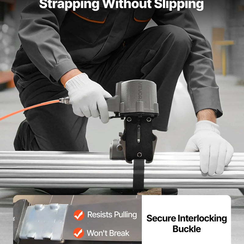 Pneimatiskais tērauda lentu sastiprināšanas aparāts ar 8500 N vilces spēku, metāla lentu savilcējs un griezējs 32 mm platām lentēm, smagsvara dalītā tipa presēšanas ierīce augstas izturības iepakošanai