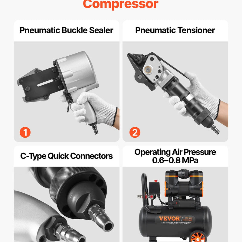 Pneimatiskais tērauda lentu sastiprināšanas aparāts ar 8500 N vilces spēku, metāla lentu savilcējs un griezējs 32 mm platām lentēm, smagsvara dalītā tipa presēšanas ierīce augstas izturības iepakošanai