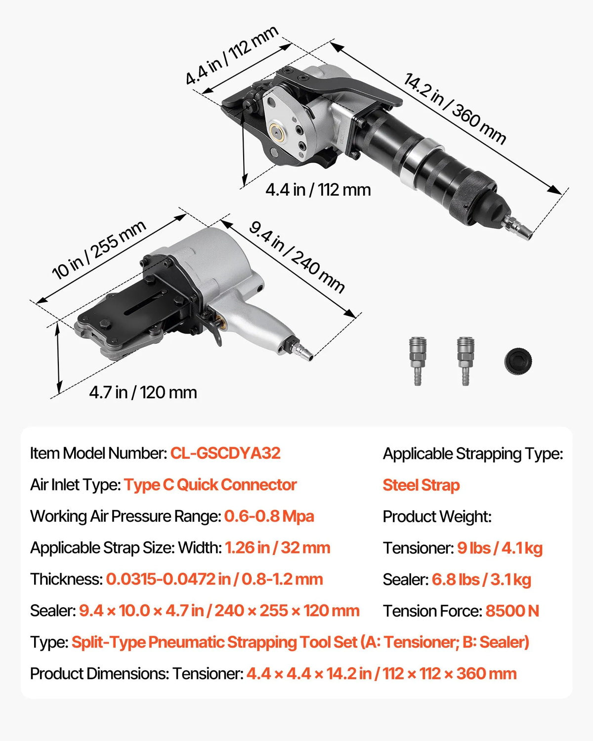 VEVOR Pneumatic Steel Strapping Machine 32 mm, 8500 N, Tensioning, Cutting and Sealing