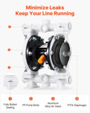 VEVOR pneimatiskais dubultmembrānu sūknis, maks. plūsma 17 l/min, standarta ieplūde un izplūde, polipropilēna korpuss, divas membrānas, paredzēts dīzeļdegvielai, smērvielām, petrolejai un benzīnam
