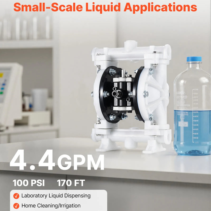 VEVOR pneimatiskais dubultmembrānu sūknis, maks. plūsma 17 l/min, standarta ieplūde un izplūde, polipropilēna korpuss, divas membrānas, paredzēts dīzeļdegvielai, smērvielām, petrolejai un benzīnam