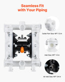 VEVOR pneimatiskais dubultmembrānu sūknis, maks. plūsma 17 l/min, standarta ieplūde un izplūde, polipropilēna korpuss, divas membrānas, paredzēts dīzeļdegvielai, smērvielām, petrolejai un benzīnam