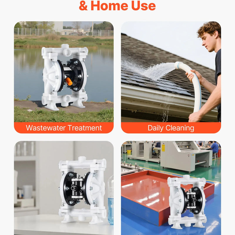 VEVOR pneimatiskais dubultmembrānu sūknis, maks. plūsma 17 l/min, standarta ieplūde un izplūde, polipropilēna korpuss, divas membrānas, paredzēts dīzeļdegvielai, smērvielām, petrolejai un benzīnam