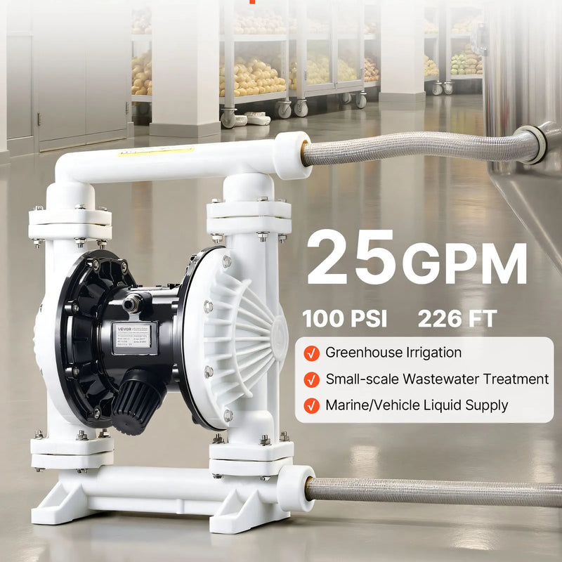 VEVOR pneimatiskais dubultmembrānu sūknis, maks. plūsma 95 l/min, standarta ieplūde un izplūde, polipropilēna korpuss, divas membrānas, paredzēts dīzeļdegvielai, smērvielām, petrolejai un benzīnam