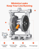 VEVOR pneimatiskais dubultmembrānu sūknis, maks. plūsma 25 l/min, standarta ieplūde un izplūde, alumīnija sakausējuma korpuss, divas membrānas, paredzēts dīzeļdegvielai, smērvielām, petrolejai un benzīnam