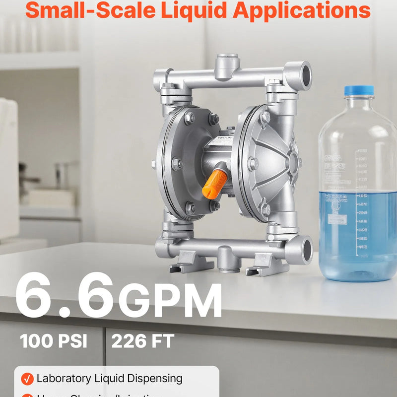 VEVOR pneimatiskais dubultmembrānu sūknis, maks. plūsma 25 l/min, standarta ieplūde un izplūde, alumīnija sakausējuma korpuss, divas membrānas, paredzēts dīzeļdegvielai, smērvielām, petrolejai un benzīnam