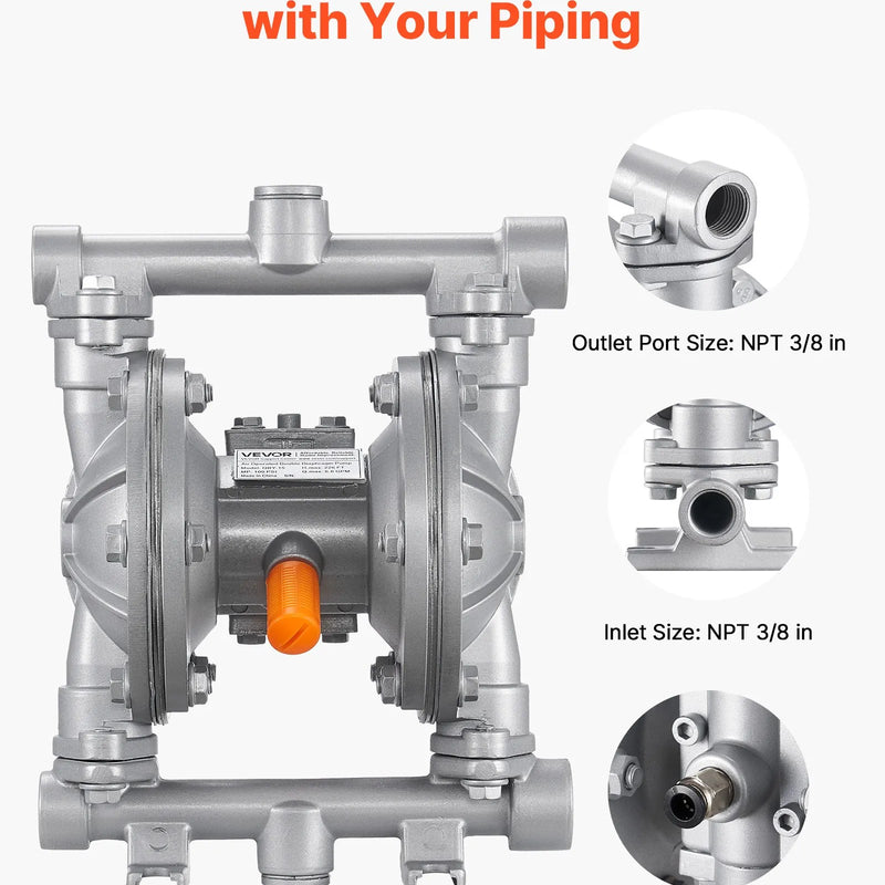 VEVOR pneimatiskais dubultmembrānu sūknis, maks. plūsma 25 l/min, standarta ieplūde un izplūde, alumīnija sakausējuma korpuss, divas membrānas, paredzēts dīzeļdegvielai, smērvielām, petrolejai un benzīnam
