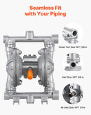 VEVOR pneimatiskais dubultmembrānu sūknis, maks. plūsma 25 l/min, standarta ieplūde un izplūde, alumīnija sakausējuma korpuss, divas membrānas, paredzēts dīzeļdegvielai, smērvielām, petrolejai un benzīnam