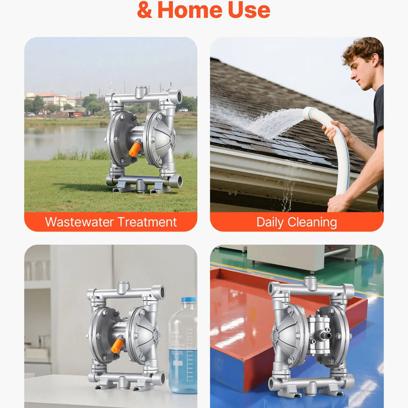 VEVOR pneimatiskais dubultmembrānu sūknis, maks. plūsma 25 l/min, standarta ieplūde un izplūde, alumīnija sakausējuma korpuss, divas membrānas, paredzēts dīzeļdegvielai, smērvielām, petrolejai un benzīnam