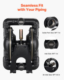 VEVOR pneimatiskais dubultmembrānu sūknis, maks. plūsma 132 l/min, standarta ieplūde un izplūde, alumīnija sakausējuma korpuss, divas membrānas, paredzēts dīzeļdegvielai, smērvielām, petrolejai un benzīnam