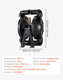 VEVOR pneimatiskais dubultmembrānu sūknis, maks. plūsma 132 l/min, standarta ieplūde un izplūde, alumīnija sakausējuma korpuss, divas membrānas, paredzēts dīzeļdegvielai, smērvielām, petrolejai un benzīnam