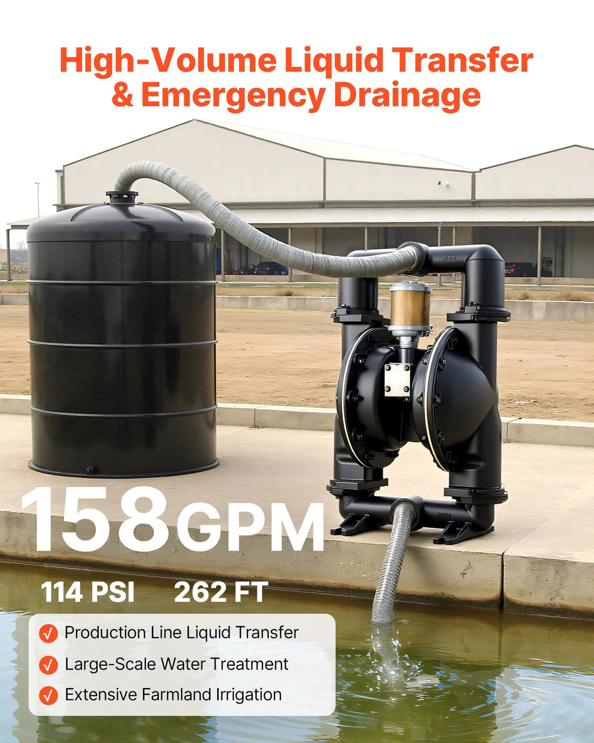 VEVOR Pneumatic Double Diaphragm Pump, Max. 598 l/min, Standard Inlet and Outlet, Aluminium Alloy Body, Dual Diaphragms, Suitable for Diesel, Lubricants, Kerosene and Petrol