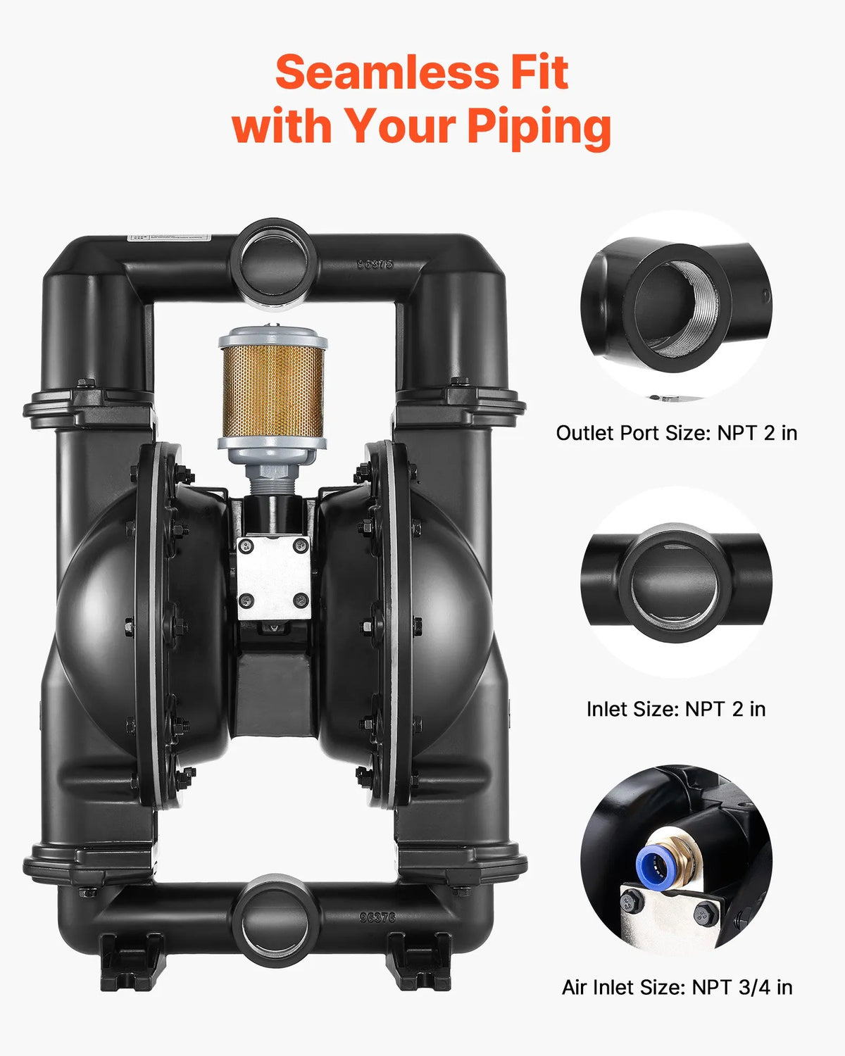 VEVOR Pneumatic Double Diaphragm Pump, Max. 598 l/min, Standard Inlet and Outlet, Aluminium Alloy Body, Dual Diaphragms, Suitable for Diesel, Lubricants, Kerosene and Petrol