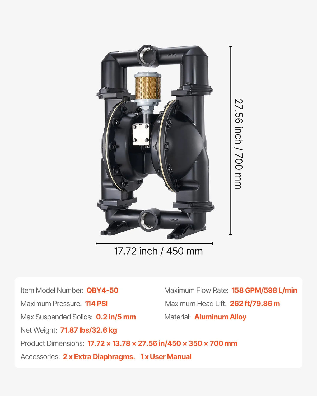 VEVOR Pneumatic Double Diaphragm Pump, Max. 598 l/min, Standard Inlet and Outlet, Aluminium Alloy Body, Dual Diaphragms, Suitable for Diesel, Lubricants, Kerosene and Petrol