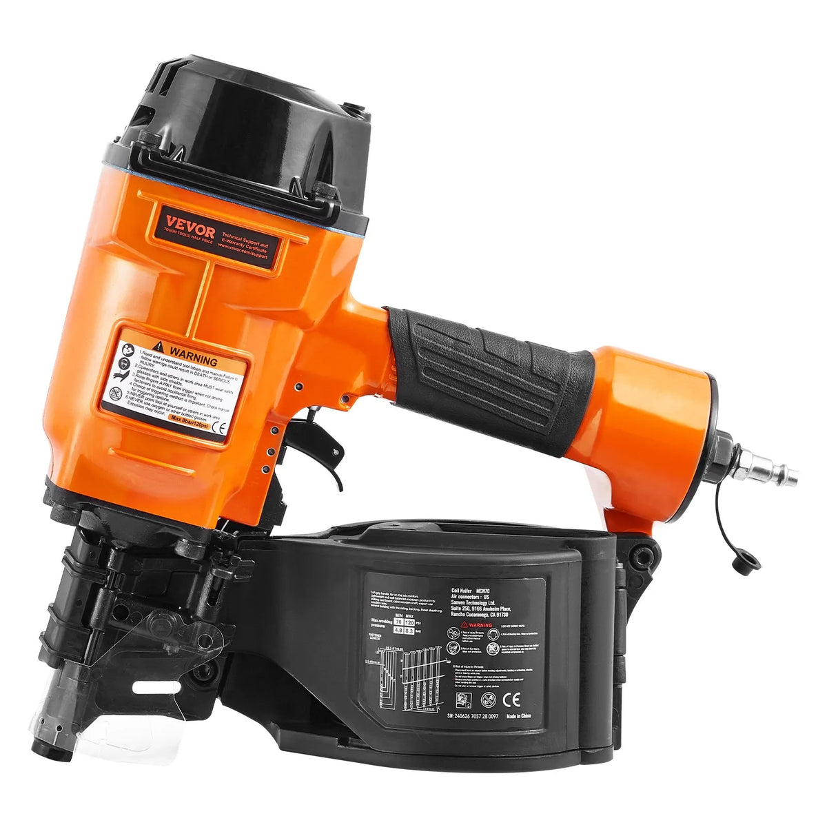 VEVOR Pneumatic Coil Nailer MCN70, 45–70 mm Nails, 15°, 4.8–8.3 bar