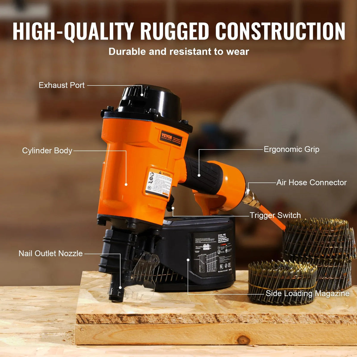 VEVOR Pneumatic Coil Nailer MCN70, 45–70 mm Nails, 15°, 4.8–8.3 bar
