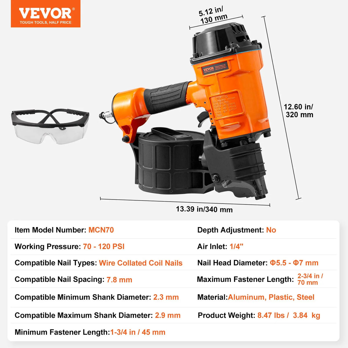 VEVOR Pneumatic Coil Nailer MCN70, 45–70 mm Nails, 15°, 4.8–8.3 bar