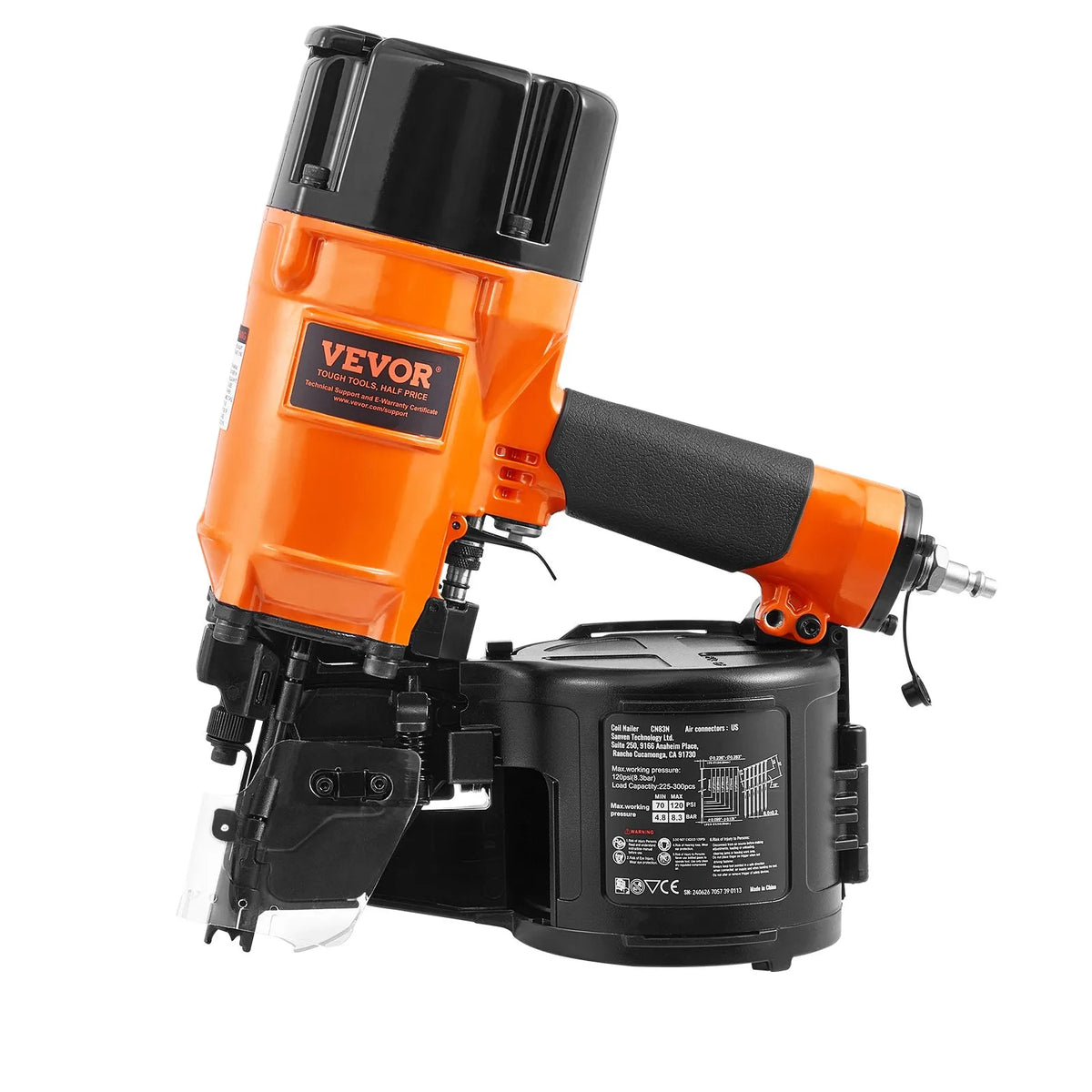 VEVOR Pneumatic Coil Roofing Nailer CN83N, 50–83 mm Nails, 15°, with Depth Adjustment