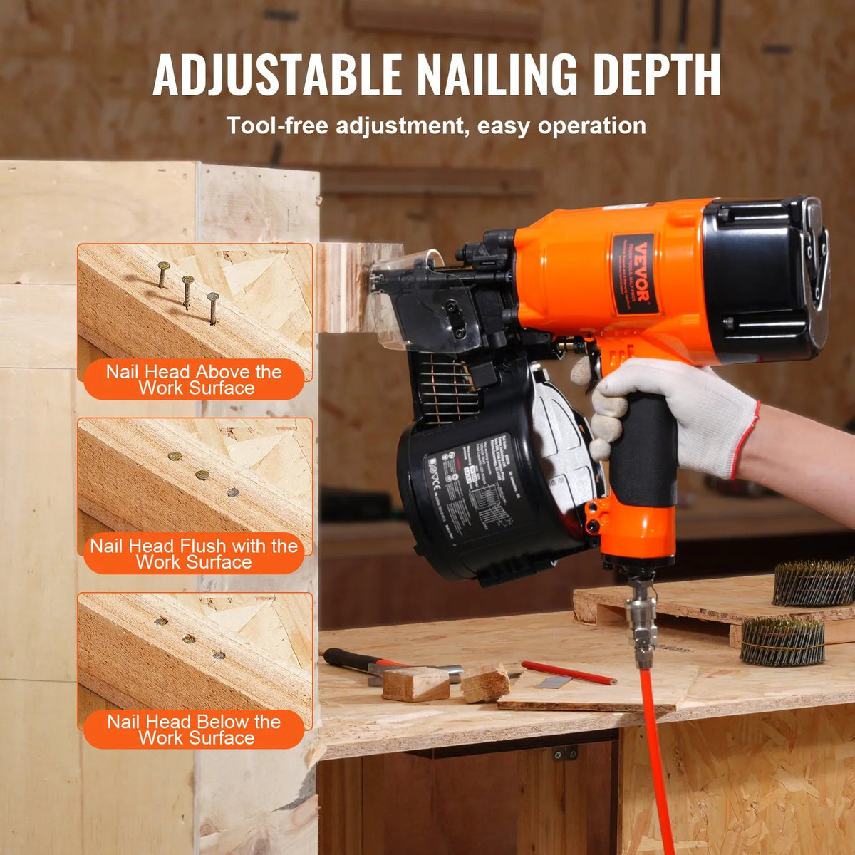 VEVOR Pneumatic Coil Roofing Nailer CN83N, 50–83 mm Nails, 15°, with Depth Adjustment