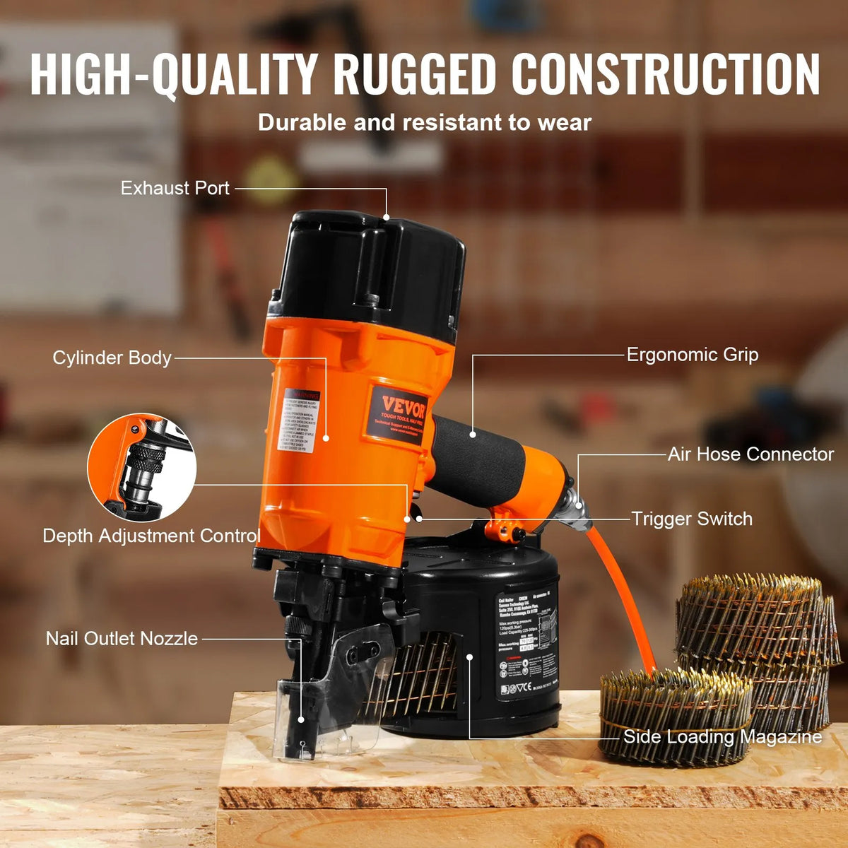 VEVOR Pneumatic Coil Roofing Nailer CN83N, 50–83 mm Nails, 15°, with Depth Adjustment
