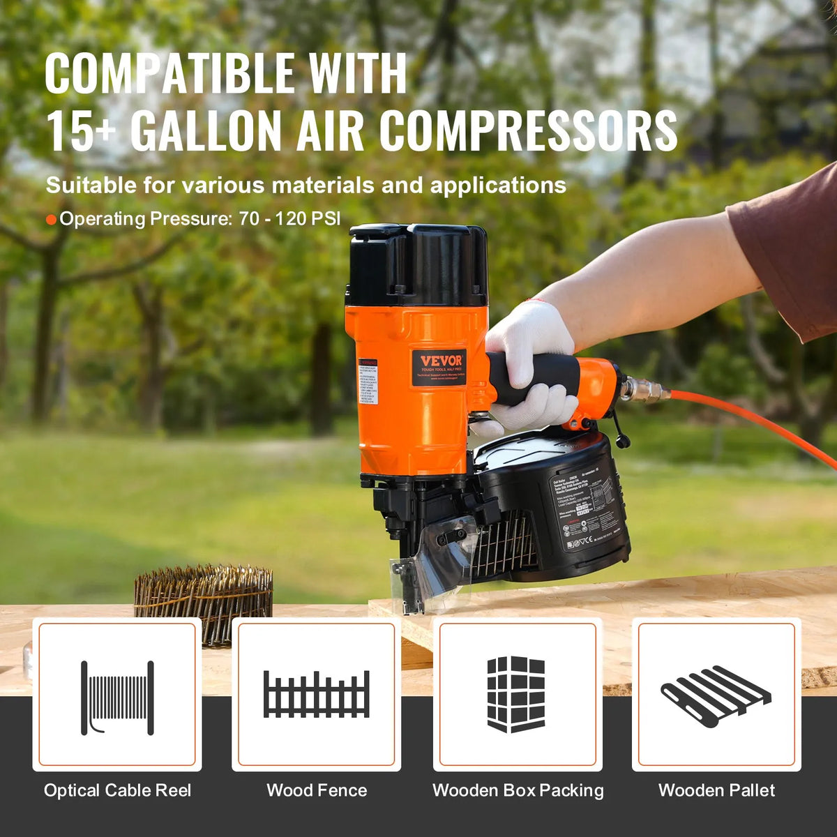 VEVOR Pneumatic Coil Roofing Nailer CN83N, 50–83 mm Nails, 15°, with Depth Adjustment