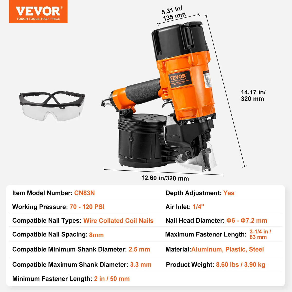 VEVOR Pneumatic Coil Roofing Nailer CN83N, 50–83 mm Nails, 15°, with Depth Adjustment