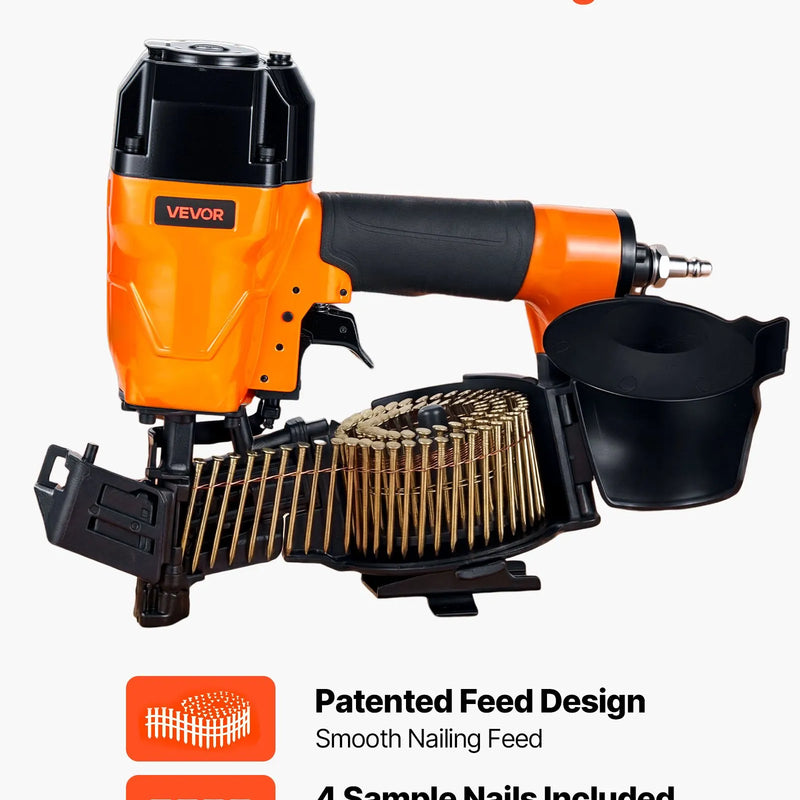 VEVOR pneimatiskais jumta naglotājs CN45C 19–45 mm, 15° ruļļu naglām, 4,8–7,5 bar, ar diviem šaušanas režīmiem un bezinstrumentu dziļuma regulēšanu