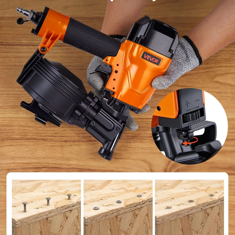 VEVOR pneimatiskais jumta naglotājs CN45C 19–45 mm, 15° ruļļu naglām, 4,8–7,5 bar, ar diviem šaušanas režīmiem un bezinstrumentu dziļuma regulēšanu